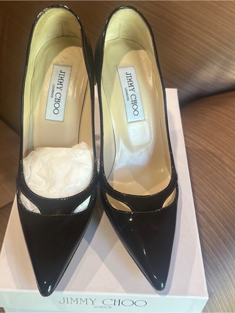 Jimmy Choo Dark Brown Patent Pointed Toe Pumps